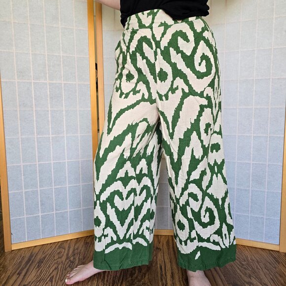 Rachel Zoe Pants - Rachel Zoe Wide Leg Boho Cropped Linen Pants EUC- Women's Size M - Green/Cream